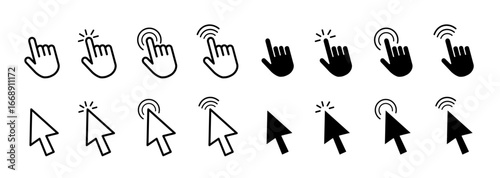 Mouse Cursor Click PNG Icon Set in Fill and Outline stroke with Hand Pointer, Arrow, Loading Symbol, Web Navigation, and UI Elements for Digital Applications Vector Illustration