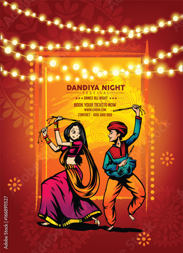 Illustration of couple playing Garba and Dandiya in Navratri Celebration and disco,  Gujarati Garba Night poster for Navratri Dussehra festival of India