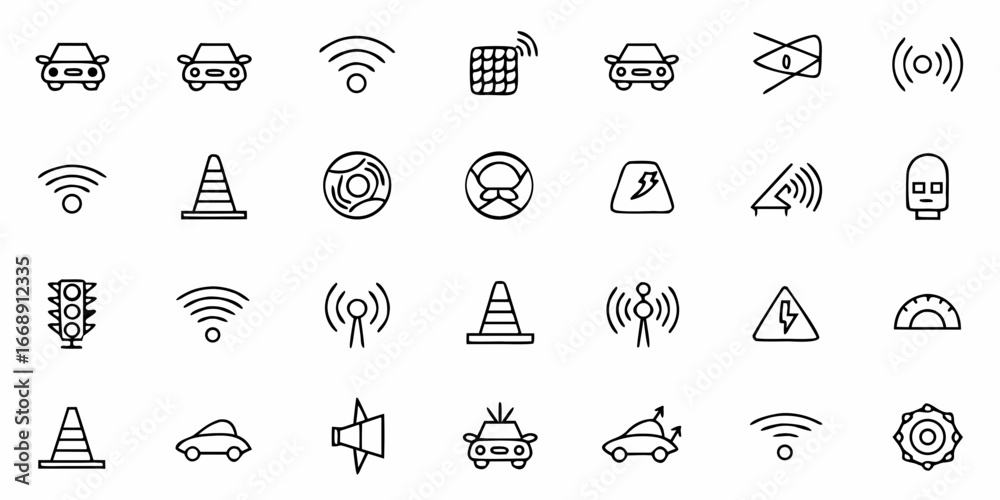 Fototapeta premium Collection of modern, minimalist line icons representing traffic, technology, and communication elements for user interface design