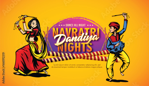 Illustration of couple playing Garba and Dandiya in Navratri Celebration and disco,  Gujarati Garba Night poster for Navratri Dussehra festival of India