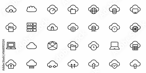 Modern cloud computing icons showcasing data storage, network security, and digital communication for business solutions and online services