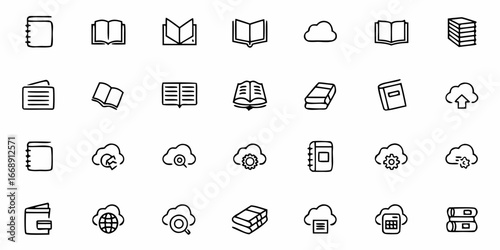 Modern library and cloud icons for education, technology, and business, ideal for websites and apps, offering a clean, minimalist aesthetic