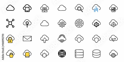 Dynamic cloud computing icons showcasing digital security, data storage, and global network connectivity for modern business solutions