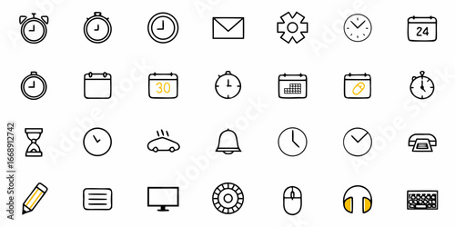 Hand-drawn icon collection for business and design, featuring clocks, calendars, and essential communication symbols, perfect for digital projects