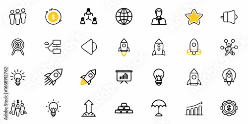 Modern business icons representing teamwork, financial growth, innovation, global reach, and successful launches, ideal for presentations and marketing