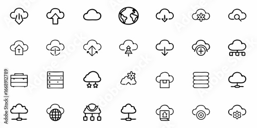 Cloud computing icons showcasing data storage, global network, and digital services for modern technology and business solutions