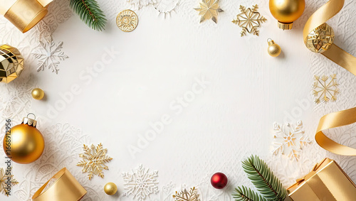 Elegante Marco Festivo de Navidad y Año Nuevo con Adornos Dorados y Blancos, Copos de Nieve Brillantes y Ramas de Abeto sobre un Fondo Texturizado, Ideal para Invitaciones y Tarjetas de Mensajes 