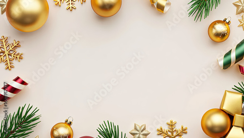 Composición de Diseño 'Flat Lay' de Lujo para Navidad y Fin de Año, Presentando un Marco Decorativo con Esferas Doradas, Cintas Rojas y Verdes, Elementos de Pino y Estrellas