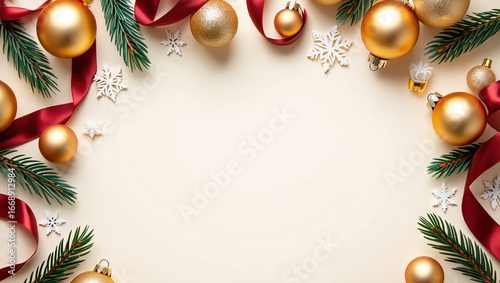 Fondo Navideño y de Invierno Sofisticado con Elegantes Decoraciones en Tonos Oro Brillante, Rojo Clásico y Blanco Puro, Incluyendo Esferas, Ramas de Abeto y Copos de Nieve