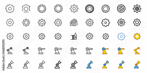 Modern industrial engineering icons showcasing gears and robotic arms, perfect for technology, automation, and manufacturing applications