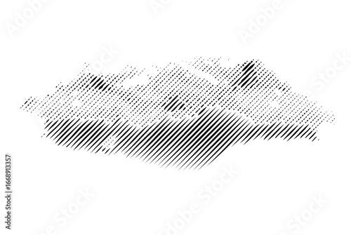 Striking halftone landscape graphic in black and white, ideal for creating eye-catching designs with a modern, artistic texture effect.