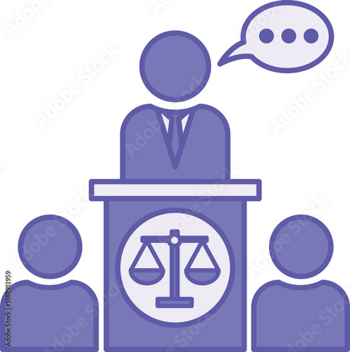 Colored Judgment Icon. Vector Illustration. Judge Gives Verdict, Court Order. Tribune with Scales and Jury. Justice Concept