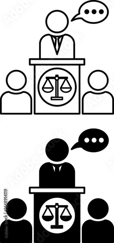 Judgment Icons. Black and White Vector Illustration. Judge Gives Verdict, Court Order. Tribune with Scales and Jury. Justice Concept