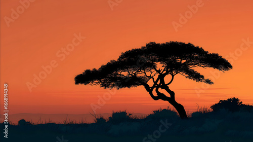 2d silhouette of a tree in Africa with the horizon in background.