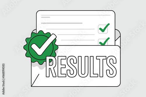 An envelope with the word results and a document with green check marks and a green seal on it
