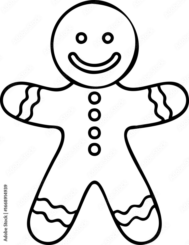 Obraz premium Line Art Gingerbread cookie outline with smiling face and decorative icing on arms and legs