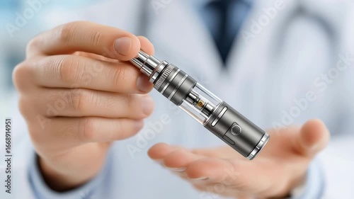 A healthcare professional holds a GLP-1 self-injection device. The device is metallic and transparent, designed for administering medication. The background is blurred, suggesting a clinical setting.
