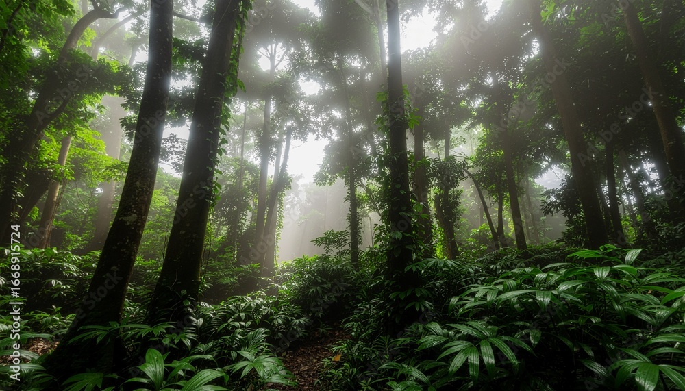 Fototapeta premium A dense, green tropical forest, filled with tall trees, vines, and sunlight filtering through the gaps in the leaves. AI Generated image