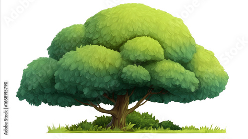 A stylized tree with a rounded green canopy and cartoonish look isolated on white no background Suitable for background assembly in FarmVillestyle scenes.jpeg.
