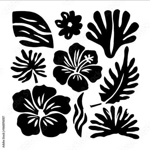 FLASH SHEET matisse cut outs tyle HIBISCUS cave paintings isolated white background.