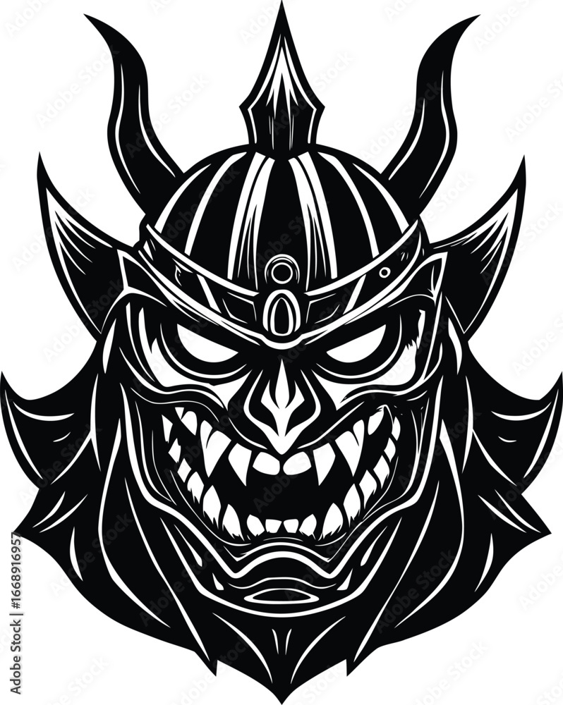 Fototapeta premium Black and White Illustration of a Horned Warrior Mask
