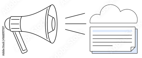 Megaphone projecting sound waves to cloud-based document storage. Ideal for communication, marketing, cloud technology, digital sharing, broadcasting, online messaging, and networking. Simple flat