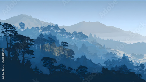 vector layered new zealand forest simple 2d design all in blue hues.