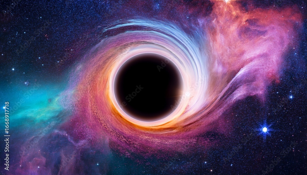 Obraz premium cosmic black hole with swirling colorful nebula and starfield