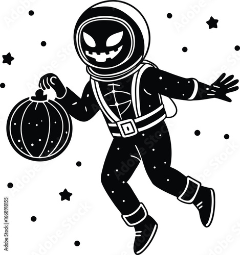 Spooky Astronaut with Pumpkin Head Floating Among Stars in Space
