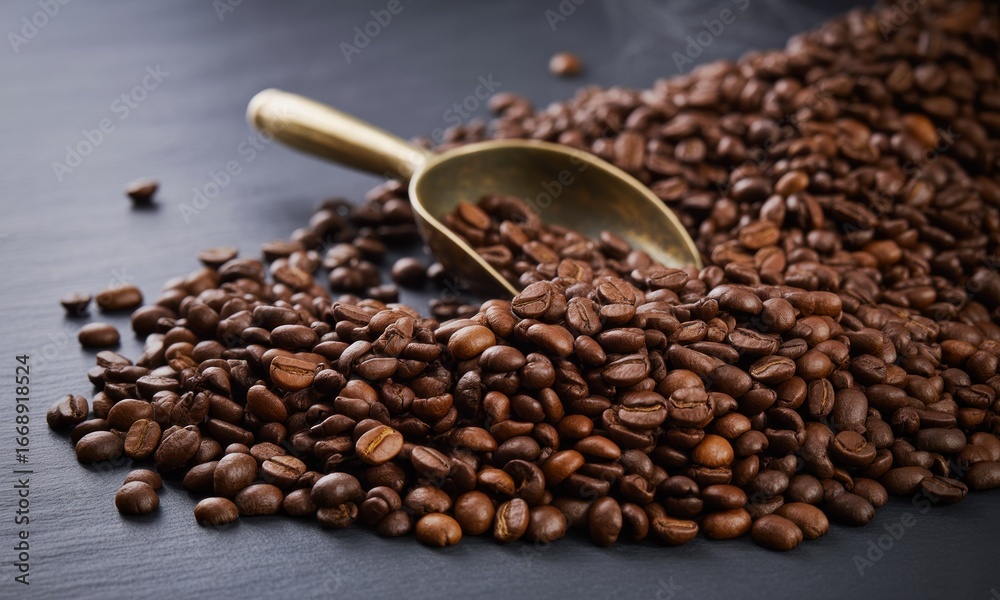 Fototapeta premium Roasted coffee beans spilling from a brass scoop