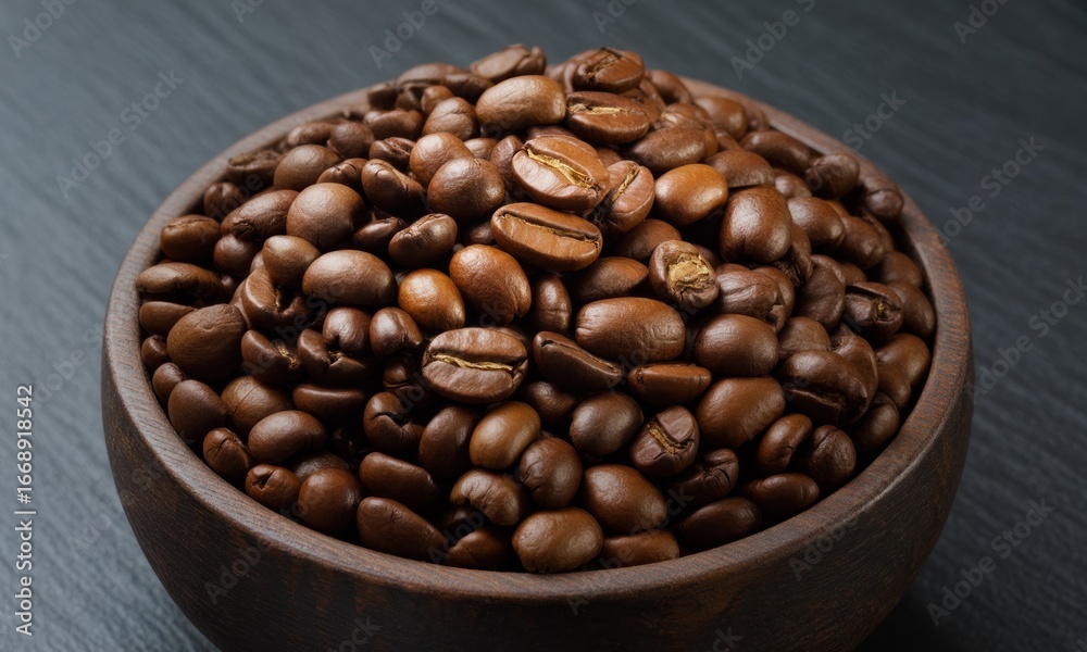 Fototapeta premium Roasted coffee beans piled high in a dark wooden bowl on a dark surface