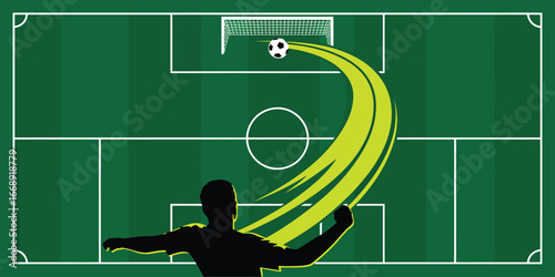 A soccer player scoring a goal with a curved trajectory on a green field with white lines and a net goal