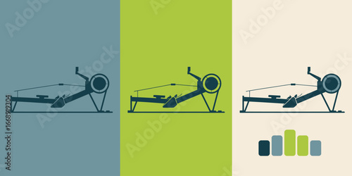 Three rowing machine silhouettes on different color backgrounds with a bar graph below it