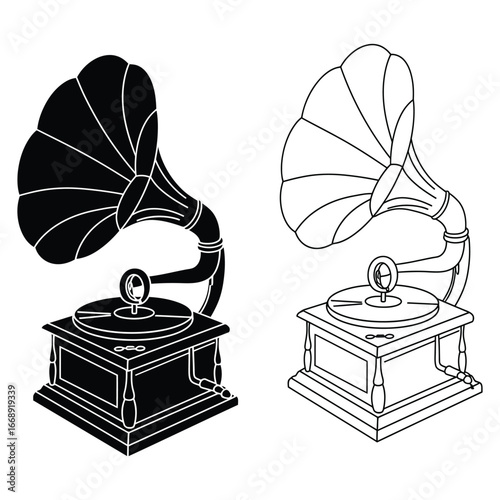 Vintage gramophone illustrations in black and white