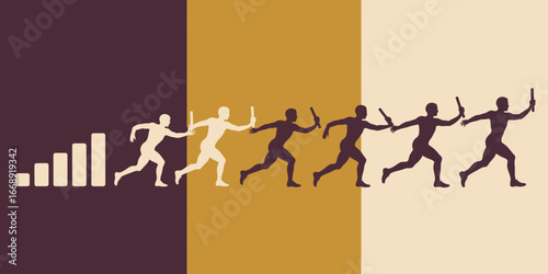 Relay race runners with baton passing and bar graph showing progress in a segmented color background