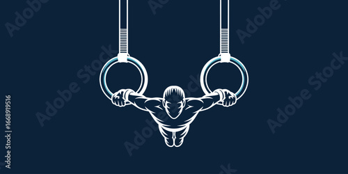 A stylized illustration of a gymnast performing on gymnastic rings against a dark blue background