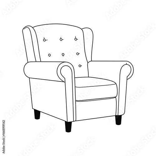 A line drawing of a comfortable armchair with a tufted backrest and rolled arms