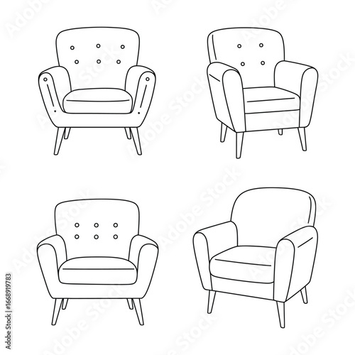 A set of four different armchairs with various designs and tufted upholstery