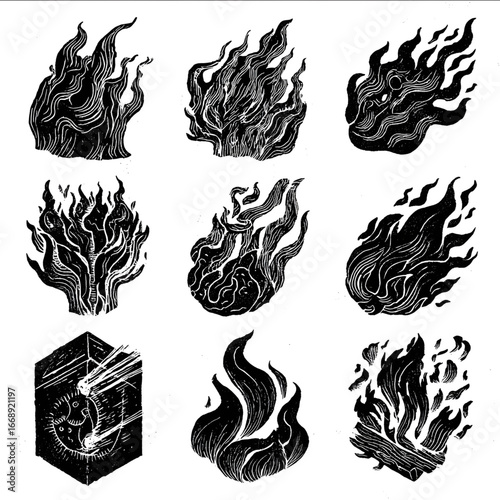 a variety of solid black flame illustrations on a white background The illustrations should be twodimensional and resemble a woodblock print style.