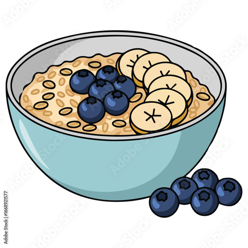 Oatmeal porridge bowl bananas blueberries healthy breakfast isolated vector illustration on white background