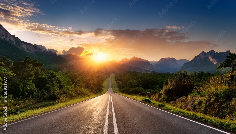 Naklejka premium a serene road stretches toward a sunset framed by mountains and greenery creating a peaceful picturesque landscape