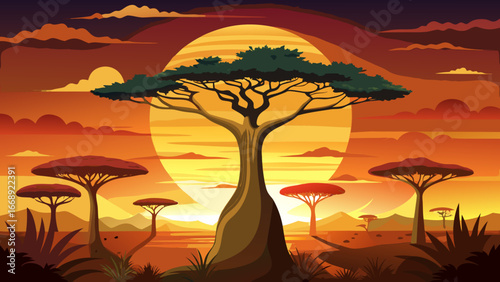 Panoramic African Sunset with Baobab Silhouette
Amber sun melts behind giant baobab, crimson skies embrace horizon, African plains shimmer timelessly, golden light spreads tranquility, solitude whispe