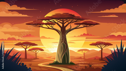 Panoramic African Sunset with Baobab Silhouette
Amber sun melts behind giant baobab, crimson skies embrace horizon, African plains shimmer timelessly, golden light spreads tranquility, solitude whispe