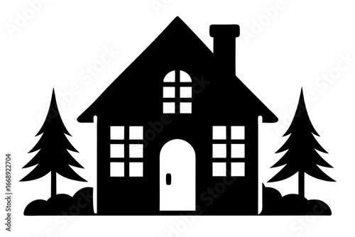 Cozy House and Pine Trees Silhouette - Home and Real Estate Vector Icon