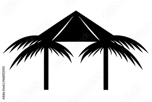 Beach Hut with Palm Trees Icon – Tropical Resort Symbol for Vacation, Travel, and Summer Design"