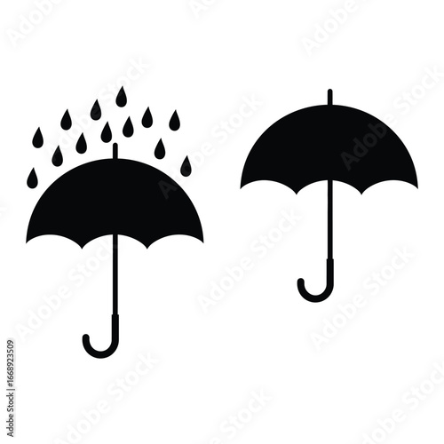 Black umbrella icons with and without rain on white background