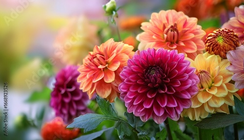 a vibrant close up of colorful dahlias and marigold flowers with lush green leaves arranged decoratively on a blurred outdoor background