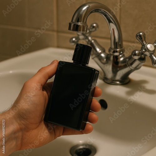 Male hand holding black perfume bottle near sink in dimly lit bathroom setting