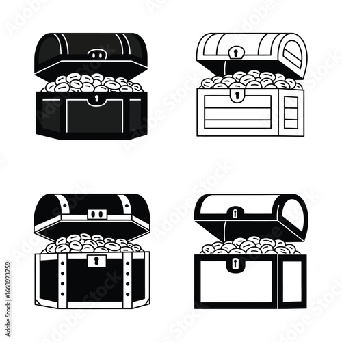 Four treasure chests filled with coins in different styles and colors
