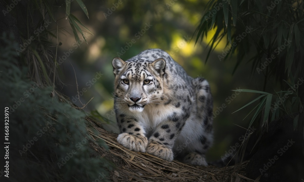 Obraz premium Snow leopard alert, jungle setting